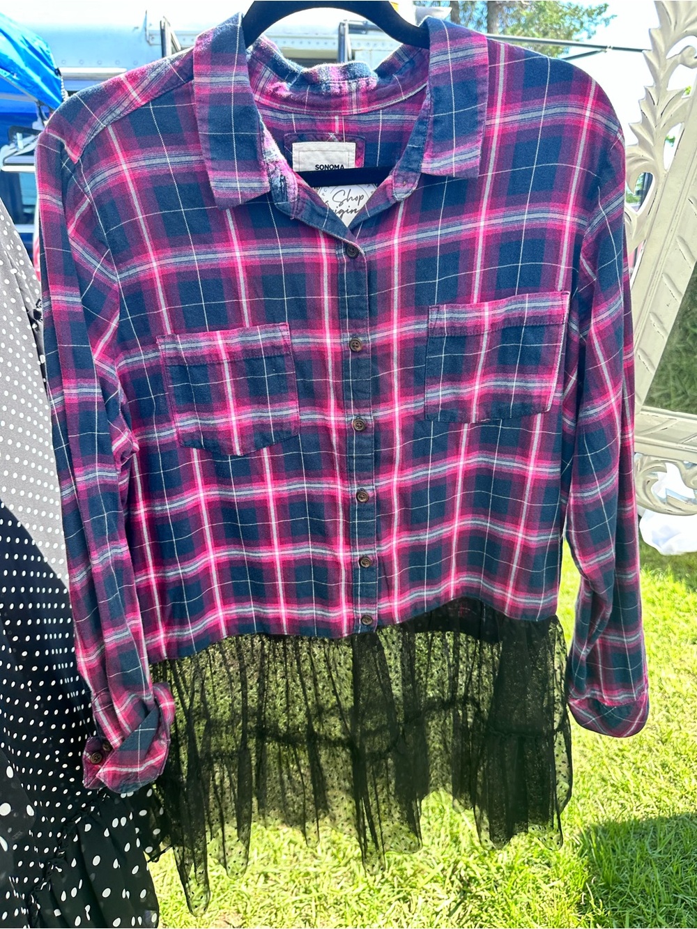 Unbranded Girls' Pink & Navy Plaid Button-Front Top with Black Lace Hem